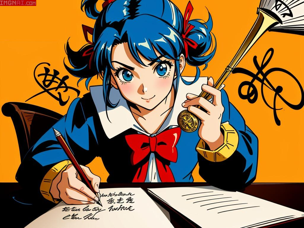 blue haired anime girl forging a letter